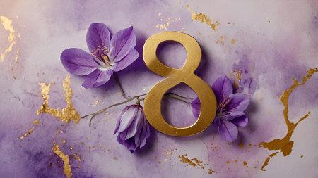 International Women's Day. The holiday is on March 8th. Banner, flyer. Festive, delicate purple floral background with the number 8.の素材