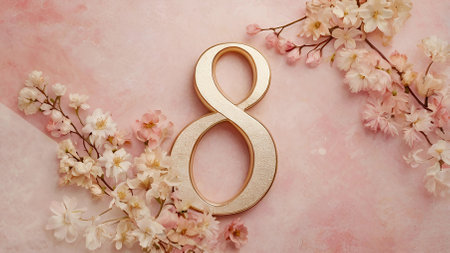 International Women's Day. The holiday falls on March 8th. Banner, flyer. Festive, delicate pink floral background with the number 8.の素材