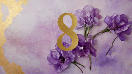 International Women's Day. The holiday is on March 8th. Banner, flyer. Festive, delicate purple floral background with the number 8.の素材
