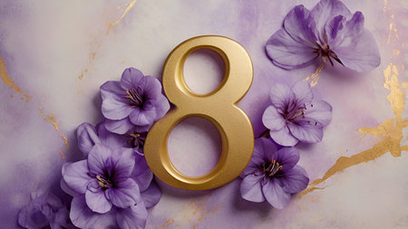 International Women's Day. The holiday is on March 8th. Banner, flyer. Festive, delicate purple floral background with the number 8.の素材