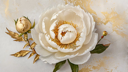 Peonies are summer fragrant flowers. Beautiful floral background with beautiful bokeh effect. Delicate white peony buds on a white watercolor background with golden veins.の素材