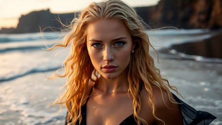 Portrait of a beautiful woman on a beach with black sand against the background of the sea. Romantic, calm and sensual photo of a girl in a delicate black dress.の素材