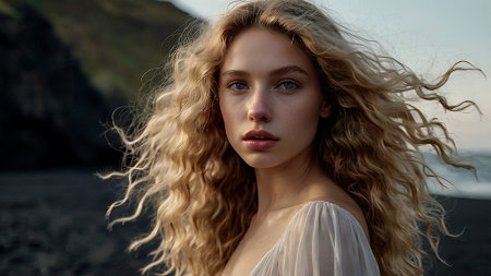 Portrait of a beautiful woman on a beach with black sand against the background of the sea. Romantic, calm and sensual photo of a girl in a delicate dress.の素材