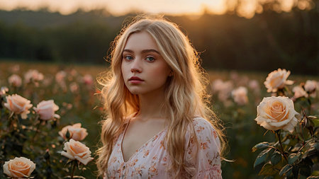 A warm portrait of a beautiful curly-haired woman in a blooming field at sunset. Romantic, calm and sensual photo of a girl in a delicate dress.の素材