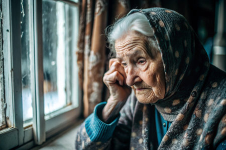 Minimalism. Portrait of an old elderly woman, a pensioner, a concept of the life of the elderly, health, loneliness and memory loss.の素材