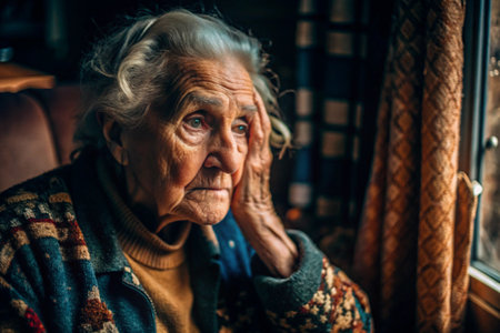 Minimalism. Portrait of an old elderly woman, a pensioner, a concept of the life of the elderly, health, loneliness and memory loss.の素材