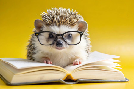 Education and reading. A funny little spiky hedgehog with glasses reads a book on a yellow background.の素材