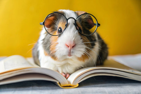 Education and reading. A funny little guinea pig in round glasses reads a book on a yellow background.の素材