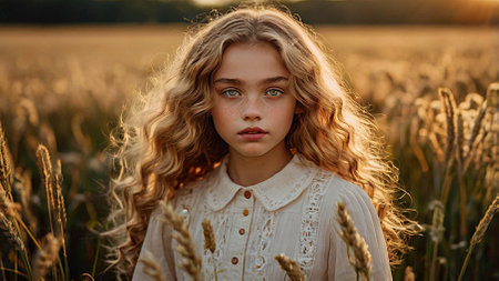 A warm portrait of a beautiful curly-haired woman in a wheat field at sunset. Romantic, calm and sensual photo of a girl in a delicate dress.の素材