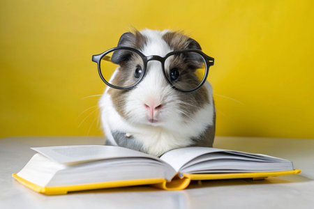 Education and reading. A funny little guinea pig in round glasses reads a book on a yellow background.の素材
