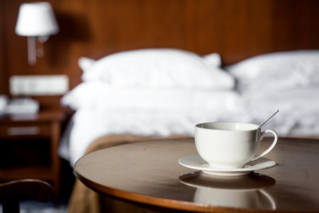 A white cup of hot tea or coffee on a wooden table in the interior of a hotel room. The concept of...