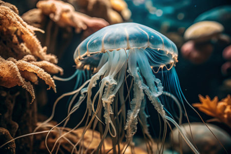 Scuba diving. Diving. Colorful jellyfish swim in tropical waters. A jellyfish in the underwater world of wild animals. Ocean wildlife watching.の素材