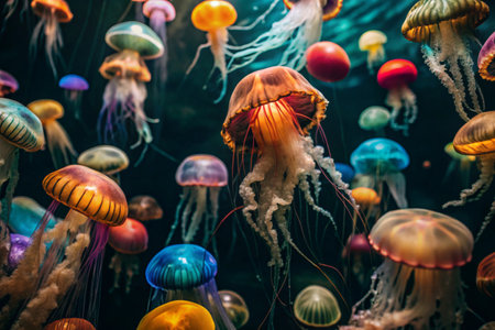 Scuba diving. Diving. Colorful jellyfish swim in tropical waters. A jellyfish in the underwater world of wild animals. Ocean wildlife watching.の素材