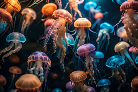 Scuba diving. Diving. Colorful jellyfish swim in tropical waters. A jellyfish in the underwater world of wild animals. Ocean wildlife watching.の素材