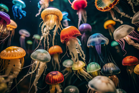 Scuba diving. Diving. Colorful jellyfish swim in tropical waters. A jellyfish in the underwater world of wild animals. Ocean wildlife watching.の素材