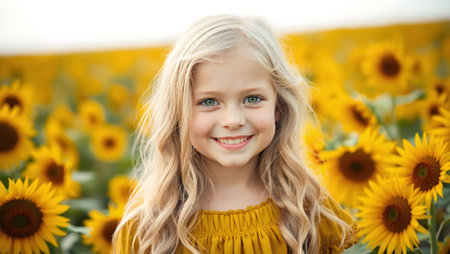 Blooming summer. Portrait of a beautiful curly-haired girl in a yellow dress on the background of a blooming field of sunflowers. The girl smiles and looks at the camera.の素材