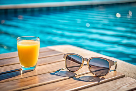 A glass of delicious freshly squeezed orange juice and sunglasses on the background of the pool. Freshly squeezed orange juice with added orange.の素材