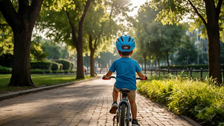 A cheerful little boy rides a bicycle in a helmet outdoors. A happy child is engaged in an active sport. Protection. Life insurance and child safety.の素材