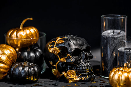 A mysterious black skull with golden roses, candles and pumpkins for a Halloween or Day of the dead party on a black grunge background.の写真素材