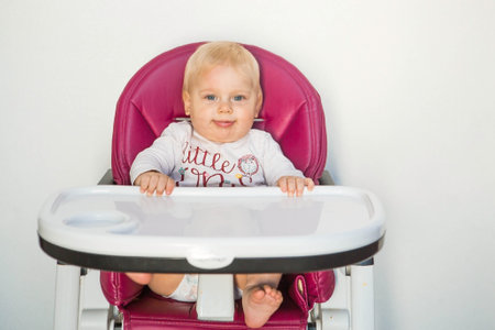 Baby food. The first meal. Feeding the baby. A cute little kid eats vegetables. Healthy food. The child is sitting on a high chair for feeding. Fresh vegetables and fruits.の写真素材