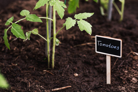 A sign with the description tomatoes. Tomato seedlings are planted in the ground. The concept of...
