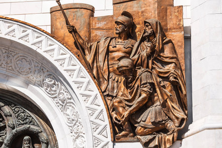 The Russian Orthodox Cathedral. Cathedral of Christ the Savior in Moscow. Details, decorative elements on the facade of the temple in close-up. Russian Federation, Moscow.の写真素材