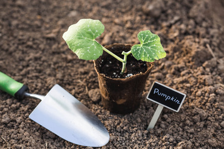 Pumpkin seedlings are planted in the ground. The concept of spring planting of vegetables and farming. A sign with the inscription pumpkin.の写真素材