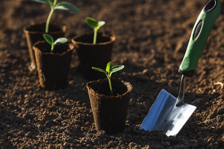 Spatula and vegetable seedlings in peat pots are planted in the ground. The concept of spring...