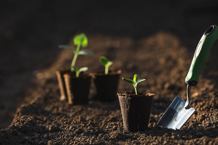 Spatula and vegetable seedlings in peat pots are planted in the ground. The concept of spring planting of vegetables and farming.の写真素材