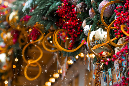 Beautiful festive toys on the Christmas tree in Moscow. Beautiful Christmas background. The concept of preparing and decorating for the new year. New Year's card 2026.の写真素材