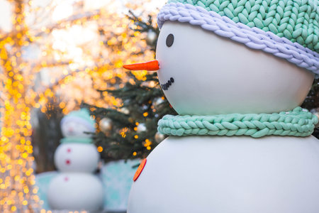Festive toys and snowmen on New Year's streets of Moscow. Beautiful Christmas background. The concept of preparing and decorating for the new year. New Year's card.の写真素材