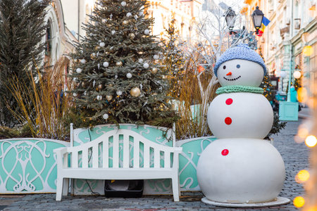 Festive toys and snowmen on New Year's streets of Moscow. Beautiful Christmas background. The concept of preparing and decorating for the new year. New Year's card 2026.の写真素材