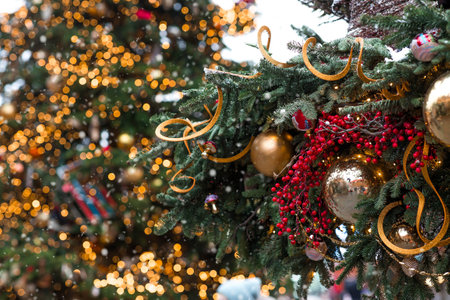 Festive toys on the Christmas tree in Moscow. Beautiful Christmas background. The concept of preparing and decorating for the new year. New Year's card 2026.の写真素材
