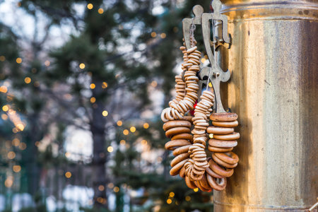 A large samovar with bagels and bagels on Tverskaya street. Hot tea from a traditional Russian samovar. Russia, Moscow.の写真素材