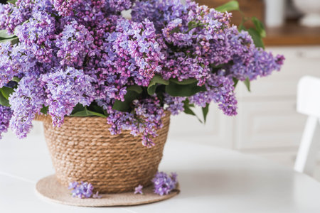 A large purple bouquet of lilacs on the table in a wicker basket. In the background is the interior of a modern white kitchen. The concept of home comfort and celebration.の写真素材