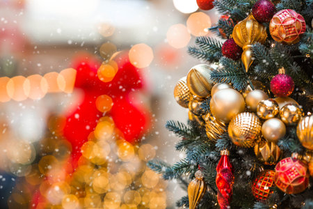 Fabulous Christmas background. Festive toys on the New Year tree in Moscow. The concept of preparing and decorating for the new year. New Year's card 2026.の写真素材