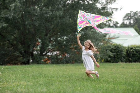 Children in the summer park. A beautiful girl is flying a kite in the fresh air. Warm family moments or a conceptual image for spending time outdoors.の写真素材