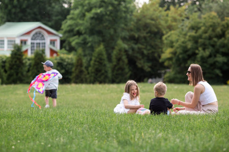 A family with three children. A mother with many children and toddlers in a summer park. Children are walking and flying a kite. Large families, family values, and leisure time with children.の写真素材