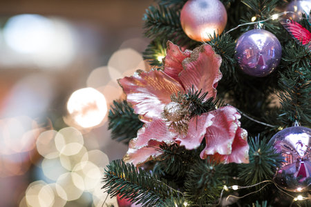 New Year's card 2026. Beautiful Christmas background. Festive toys on the Christmas tree in Moscow. The concept of preparing decorations and decorations for the new year.の写真素材