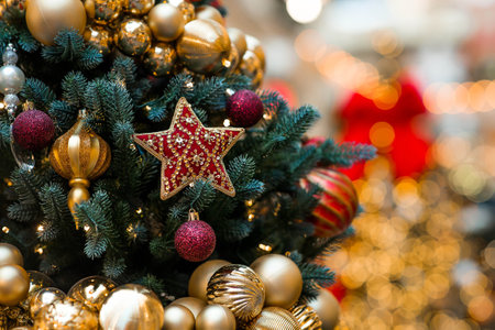 New Year's card 2026. Beautiful Christmas background. Festive toys on the Christmas tree in Moscow. The concept of preparing decorations and decorations for the new year.の写真素材