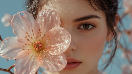 The concept of femininity, purity and innocence. The face of a beautiful natural girl with pink delicate flowers in drops of water.の素材