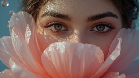 The concept of femininity, purity and innocence. The face of a beautiful natural girl with pink delicate flowers in drops of water.の素材