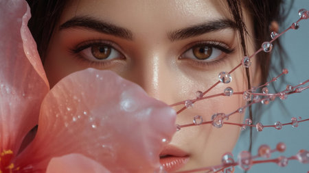 The concept of femininity, purity and innocence. The face of a beautiful natural girl with pink delicate flowers in drops of water.の素材