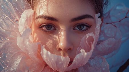 The concept of femininity, purity and innocence. The face of a beautiful natural girl with pink delicate flowers in drops of water.の素材