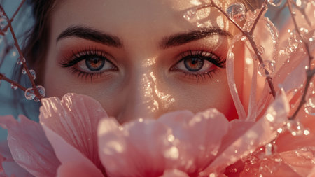 The concept of femininity, purity and innocence. The face of a beautiful natural girl with pink delicate flowers in drops of water.の素材