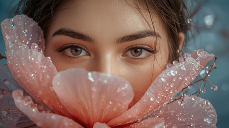 The concept of femininity, purity and innocence. The face of a beautiful natural girl with pink delicate flowers in drops of water.の素材