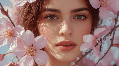 The concept of femininity, purity and innocence. The face of a beautiful natural girl with pink delicate flowers in drops of water.の素材