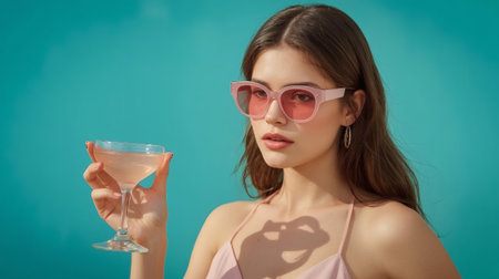 A beautiful stylish brunette in sunglasses and with a cocktail in her hand. The girl is standing in a delicate pink dress on a turquoise background. The atmosphere of summer rest and relaxation.の素材