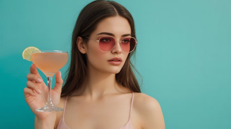 A beautiful stylish brunette in sunglasses and with a cocktail in her hand. The girl is standing in a delicate pink dress on a turquoise background. The atmosphere of summer rest and relaxation.の素材