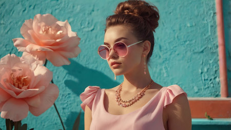 A beautiful stylish brunette in sunglasses and with a cocktail in her hand. The girl is standing in a delicate pink dress on a turquoise background. The atmosphere of summer rest and relaxation.の素材